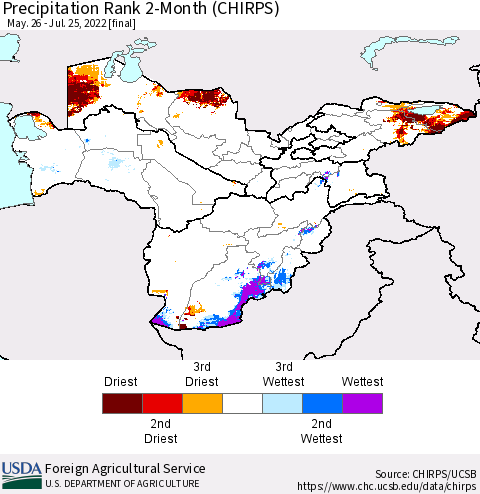 Central Asia Precipitation Rank since 1981, 2-Month (CHIRPS) Thematic Map For 5/26/2022 - 7/25/2022