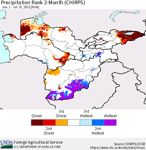 Central Asia Precipitation Rank since 1981, 2-Month (CHIRPS) Thematic Map For 6/1/2022 - 7/31/2022