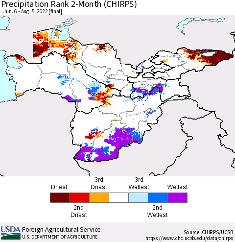 Central Asia Precipitation Rank since 1981, 2-Month (CHIRPS) Thematic Map For 6/6/2022 - 8/5/2022
