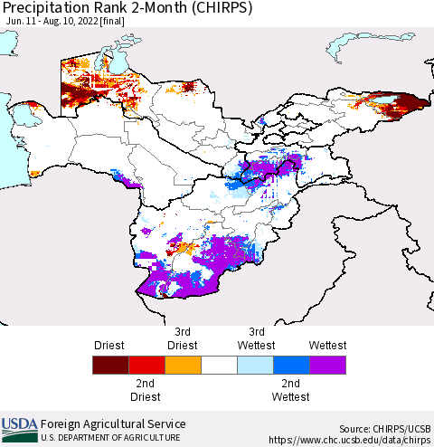Central Asia Precipitation Rank since 1981, 2-Month (CHIRPS) Thematic Map For 6/11/2022 - 8/10/2022