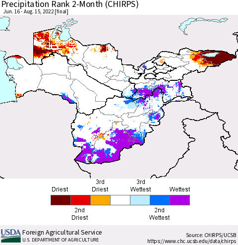 Central Asia Precipitation Rank since 1981, 2-Month (CHIRPS) Thematic Map For 6/16/2022 - 8/15/2022