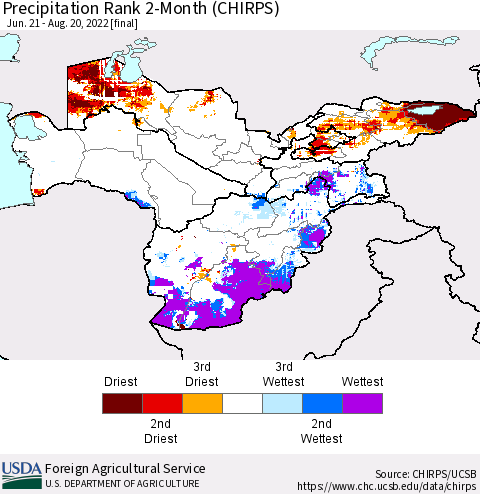 Central Asia Precipitation Rank since 1981, 2-Month (CHIRPS) Thematic Map For 6/21/2022 - 8/20/2022