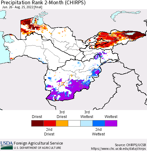 Central Asia Precipitation Rank since 1981, 2-Month (CHIRPS) Thematic Map For 6/26/2022 - 8/25/2022