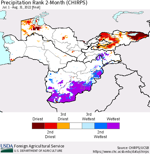 Central Asia Precipitation Rank since 1981, 2-Month (CHIRPS) Thematic Map For 7/1/2022 - 8/31/2022