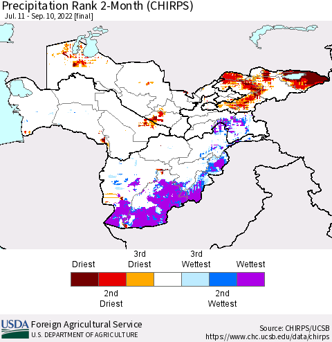 Central Asia Precipitation Rank since 1981, 2-Month (CHIRPS) Thematic Map For 7/11/2022 - 9/10/2022