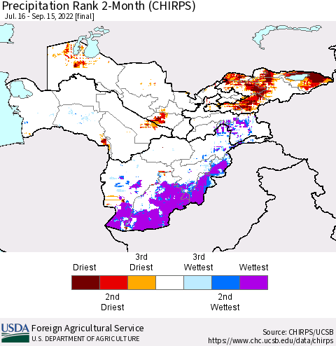 Central Asia Precipitation Rank since 1981, 2-Month (CHIRPS) Thematic Map For 7/16/2022 - 9/15/2022