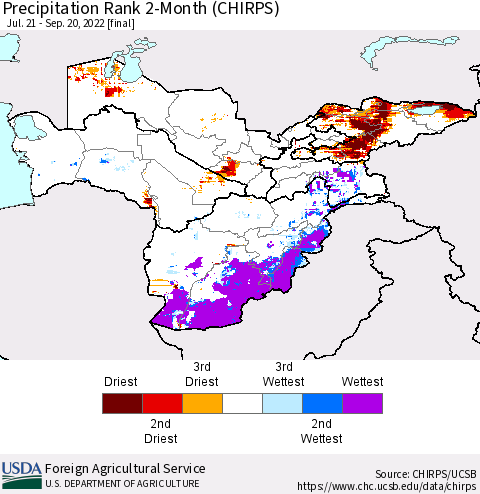 Central Asia Precipitation Rank since 1981, 2-Month (CHIRPS) Thematic Map For 7/21/2022 - 9/20/2022
