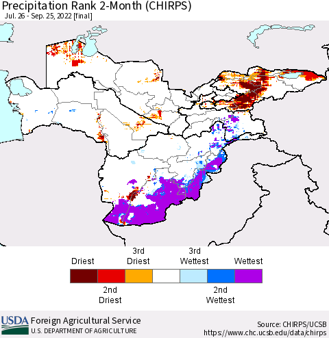 Central Asia Precipitation Rank since 1981, 2-Month (CHIRPS) Thematic Map For 7/26/2022 - 9/25/2022