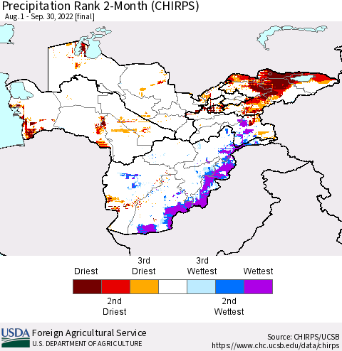 Central Asia Precipitation Rank since 1981, 2-Month (CHIRPS) Thematic Map For 8/1/2022 - 9/30/2022