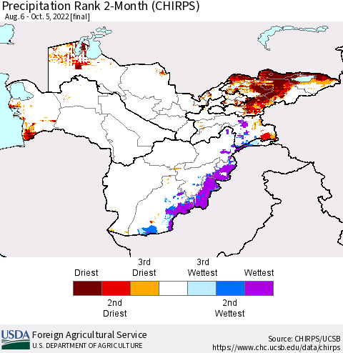Central Asia Precipitation Rank since 1981, 2-Month (CHIRPS) Thematic Map For 8/6/2022 - 10/5/2022