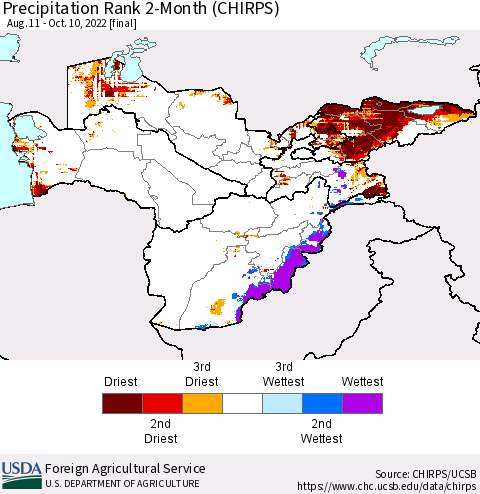 Central Asia Precipitation Rank since 1981, 2-Month (CHIRPS) Thematic Map For 8/11/2022 - 10/10/2022