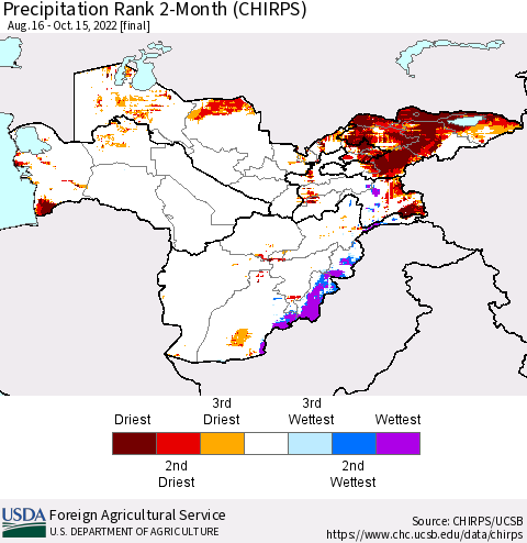 Central Asia Precipitation Rank since 1981, 2-Month (CHIRPS) Thematic Map For 8/16/2022 - 10/15/2022