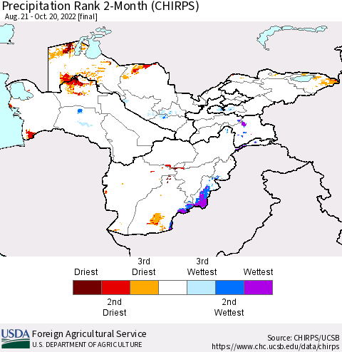 Central Asia Precipitation Rank since 1981, 2-Month (CHIRPS) Thematic Map For 8/21/2022 - 10/20/2022