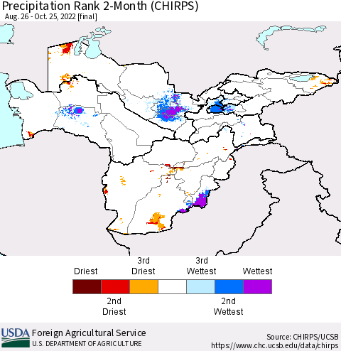 Central Asia Precipitation Rank since 1981, 2-Month (CHIRPS) Thematic Map For 8/26/2022 - 10/25/2022