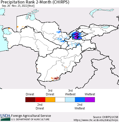 Central Asia Precipitation Rank since 1981, 2-Month (CHIRPS) Thematic Map For 9/26/2022 - 11/25/2022