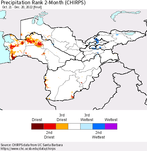 Central Asia Precipitation Rank since 1981, 2-Month (CHIRPS) Thematic Map For 10/21/2022 - 12/20/2022