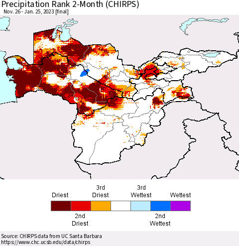 Central Asia Precipitation Rank since 1981, 2-Month (CHIRPS) Thematic Map For 11/26/2022 - 1/25/2023