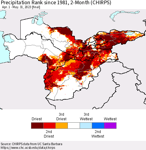 Central Asia Precipitation Rank since 1981, 2-Month (CHIRPS) Thematic Map For 4/1/2023 - 5/31/2023