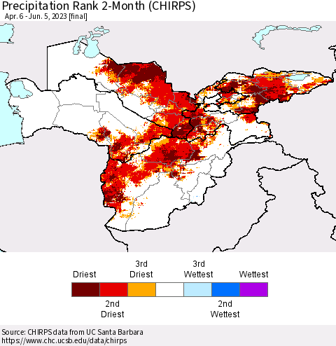 Central Asia Precipitation Rank since 1981, 2-Month (CHIRPS) Thematic Map For 4/6/2023 - 6/5/2023