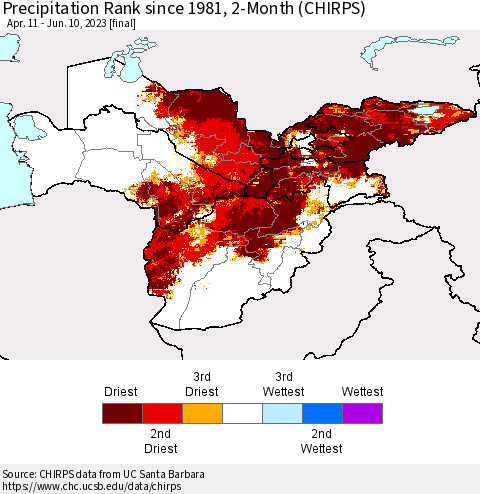 Central Asia Precipitation Rank since 1981, 2-Month (CHIRPS) Thematic Map For 4/11/2023 - 6/10/2023