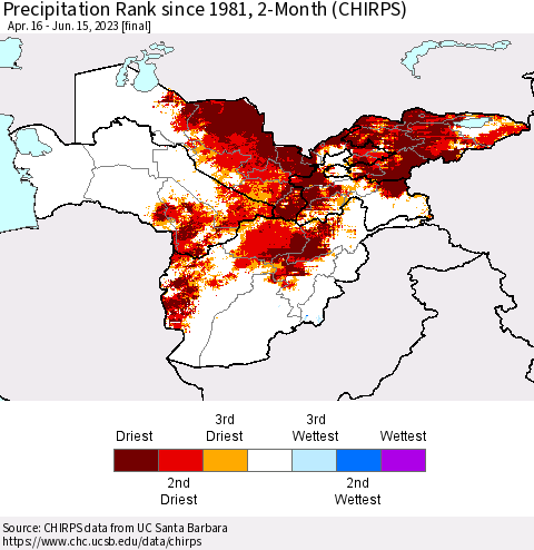 Central Asia Precipitation Rank since 1981, 2-Month (CHIRPS) Thematic Map For 4/16/2023 - 6/15/2023