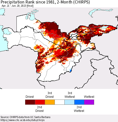 Central Asia Precipitation Rank since 1981, 2-Month (CHIRPS) Thematic Map For 4/21/2023 - 6/20/2023
