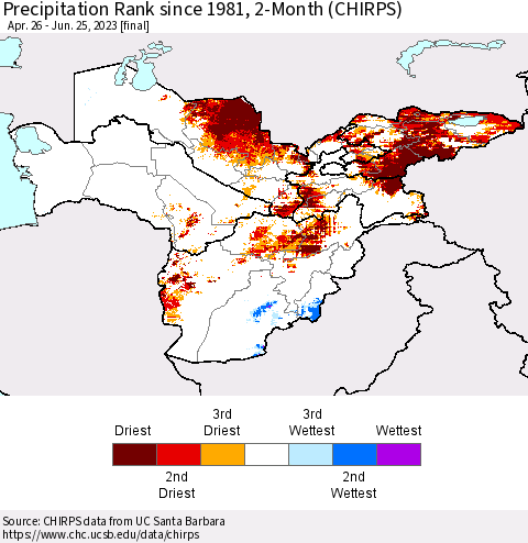 Central Asia Precipitation Rank since 1981, 2-Month (CHIRPS) Thematic Map For 4/26/2023 - 6/25/2023