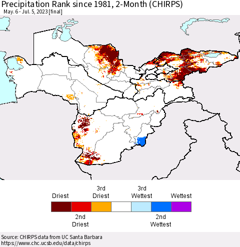 Central Asia Precipitation Rank since 1981, 2-Month (CHIRPS) Thematic Map For 5/6/2023 - 7/5/2023