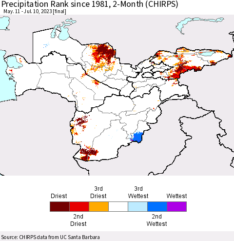 Central Asia Precipitation Rank since 1981, 2-Month (CHIRPS) Thematic Map For 5/11/2023 - 7/10/2023