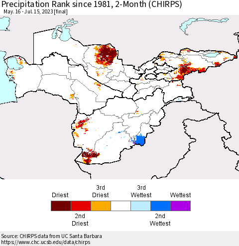 Central Asia Precipitation Rank since 1981, 2-Month (CHIRPS) Thematic Map For 5/16/2023 - 7/15/2023