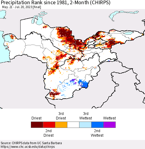 Central Asia Precipitation Rank since 1981, 2-Month (CHIRPS) Thematic Map For 5/21/2023 - 7/20/2023