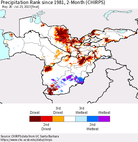 Central Asia Precipitation Rank since 1981, 2-Month (CHIRPS) Thematic Map For 5/26/2023 - 7/25/2023