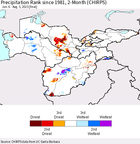 Central Asia Precipitation Rank since 1981, 2-Month (CHIRPS) Thematic Map For 6/6/2023 - 8/5/2023
