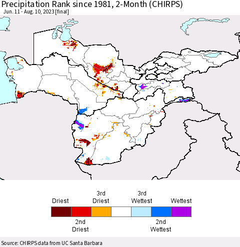Central Asia Precipitation Rank since 1981, 2-Month (CHIRPS) Thematic Map For 6/11/2023 - 8/10/2023