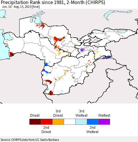 Central Asia Precipitation Rank since 1981, 2-Month (CHIRPS) Thematic Map For 6/16/2023 - 8/15/2023