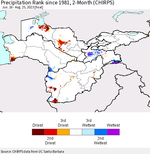 Central Asia Precipitation Rank since 1981, 2-Month (CHIRPS) Thematic Map For 6/26/2023 - 8/25/2023