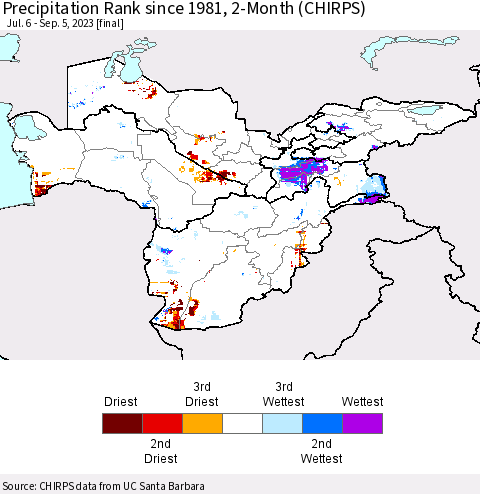 Central Asia Precipitation Rank since 1981, 2-Month (CHIRPS) Thematic Map For 7/6/2023 - 9/5/2023