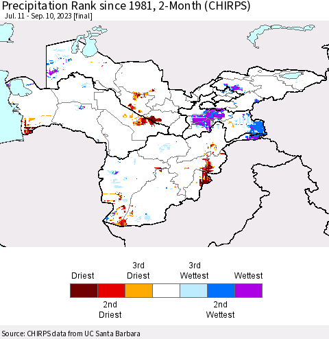 Central Asia Precipitation Rank since 1981, 2-Month (CHIRPS) Thematic Map For 7/11/2023 - 9/10/2023