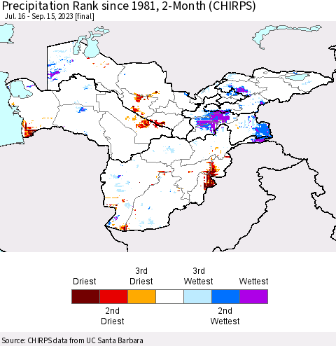Central Asia Precipitation Rank since 1981, 2-Month (CHIRPS) Thematic Map For 7/16/2023 - 9/15/2023