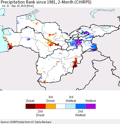 Central Asia Precipitation Rank since 1981, 2-Month (CHIRPS) Thematic Map For 7/21/2023 - 9/20/2023