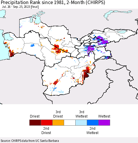 Central Asia Precipitation Rank since 1981, 2-Month (CHIRPS) Thematic Map For 7/26/2023 - 9/25/2023