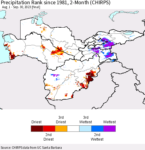 Central Asia Precipitation Rank since 1981, 2-Month (CHIRPS) Thematic Map For 8/1/2023 - 9/30/2023