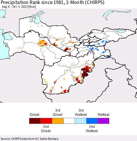 Central Asia Precipitation Rank since 1981, 2-Month (CHIRPS) Thematic Map For 8/6/2023 - 10/5/2023