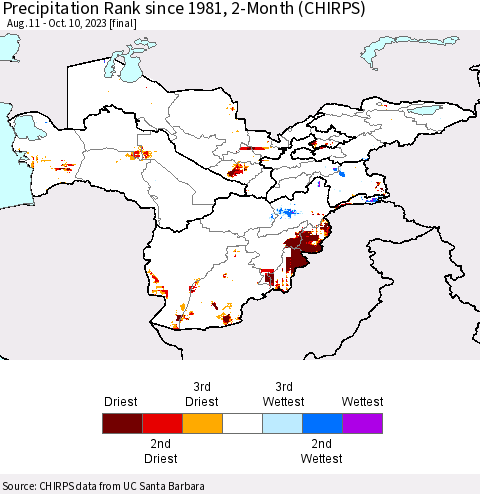 Central Asia Precipitation Rank since 1981, 2-Month (CHIRPS) Thematic Map For 8/11/2023 - 10/10/2023