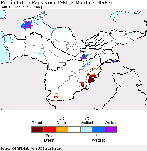 Central Asia Precipitation Rank since 1981, 2-Month (CHIRPS) Thematic Map For 8/16/2023 - 10/15/2023