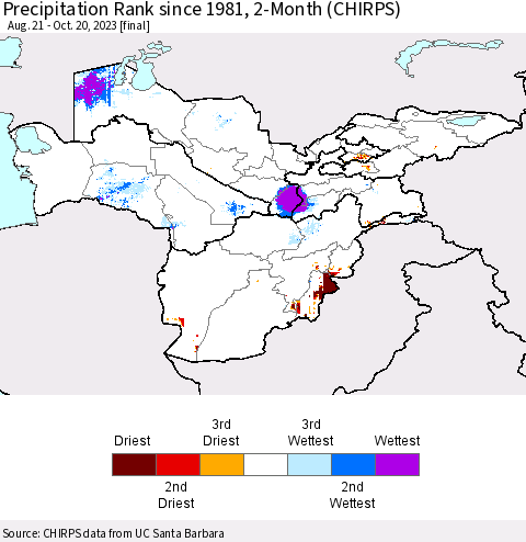 Central Asia Precipitation Rank since 1981, 2-Month (CHIRPS) Thematic Map For 8/21/2023 - 10/20/2023