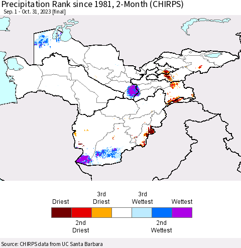Central Asia Precipitation Rank since 1981, 2-Month (CHIRPS) Thematic Map For 9/1/2023 - 10/31/2023