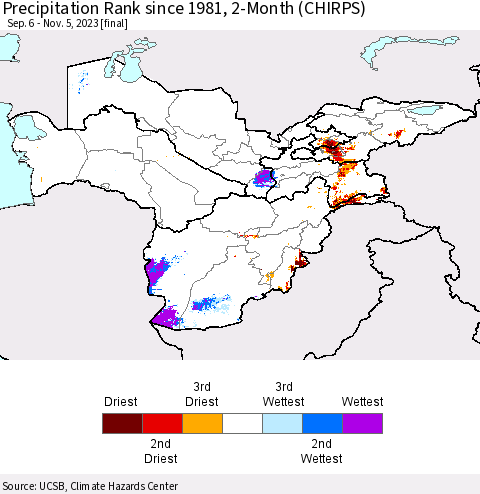 Central Asia Precipitation Rank since 1981, 2-Month (CHIRPS) Thematic Map For 9/6/2023 - 11/5/2023