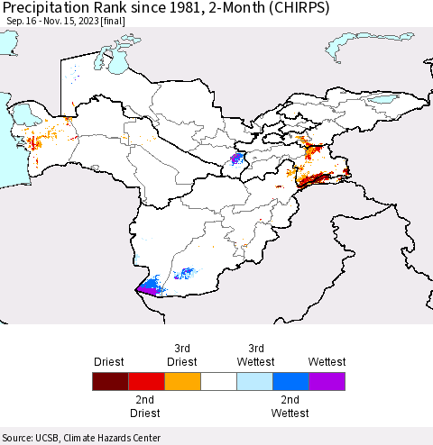 Central Asia Precipitation Rank since 1981, 2-Month (CHIRPS) Thematic Map For 9/16/2023 - 11/15/2023