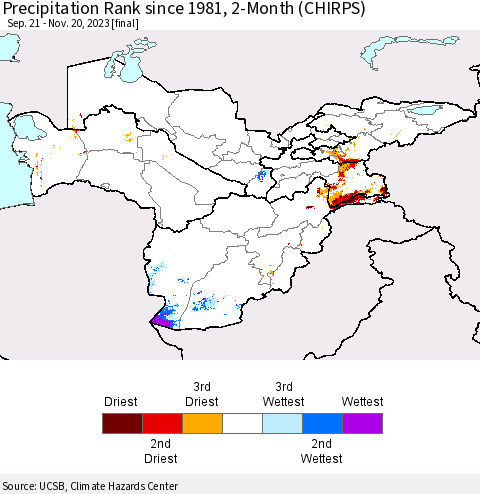 Central Asia Precipitation Rank since 1981, 2-Month (CHIRPS) Thematic Map For 9/21/2023 - 11/20/2023